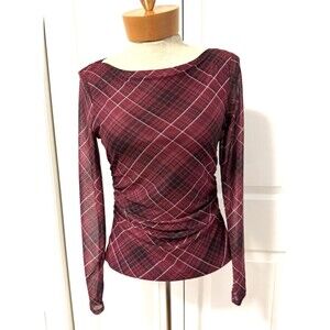 New Rachel Zoe sz S Blouse Burgundy black sheer Long Sleeves Shirred Lined